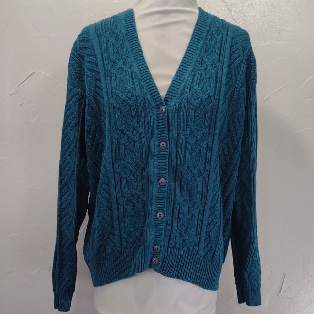 Vintage Teal Cable Knit Cotton V-neck Cardigan Sweater Women's Large